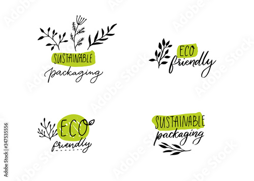 Sustainable packaging labels for eco friendly products. Hand drawing signs with plants branches and leaf. Handwritten style vector badges.