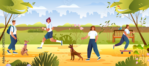 Summer leisure concept with female and male characters waling their dogs. Vector illustration with people walking, running, skateboarding in green park. Outdoor activities banner in flat style.