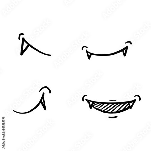 hand drawn vampire mouth fang smile set isolated on white background doodle
