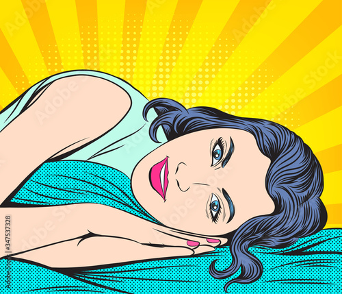 A woman going to bed to rest. Pop art retro illustration comic style vector.

