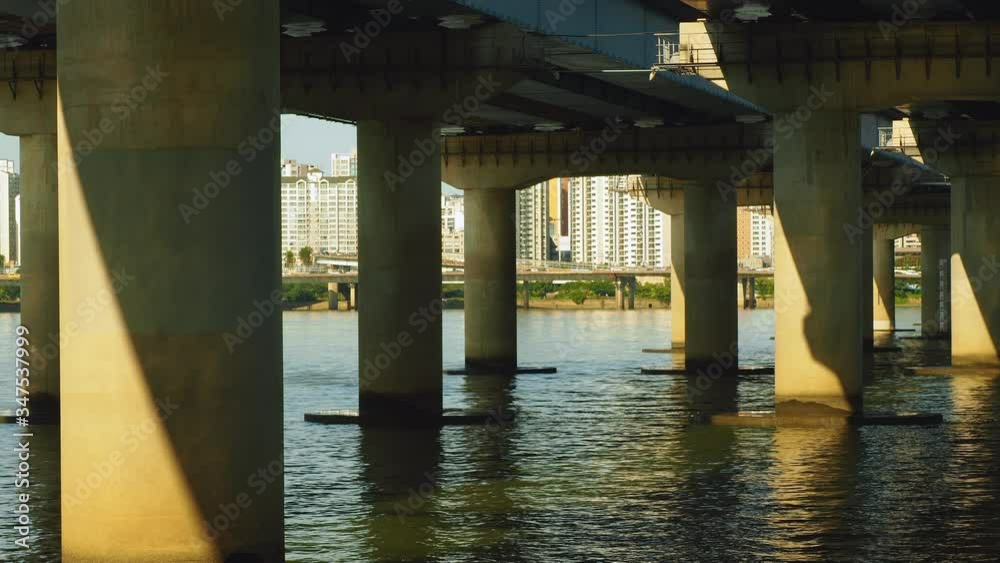 Shot of man water skiing in Han river, Seoul, South Korea Shot of man water skiing in Han river, Seoul, South Korea