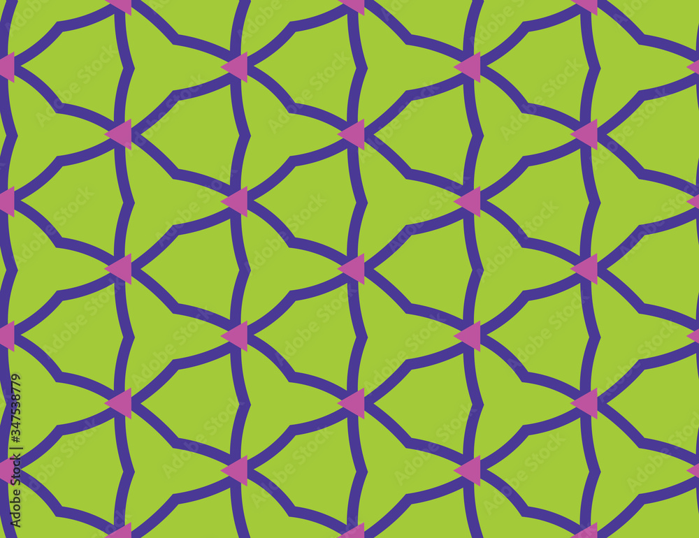 Seamless geometric pattern, texture or background vector in green, purple, violet colors.