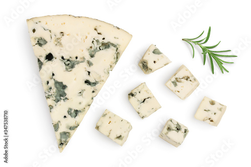 diced Blue cheese with rosemary isolated on white background with clipping path and full depth of field. Top view. Flat lay. photo