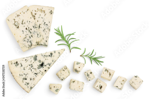 Blue cheese slices with rosemary isolated on white background with clipping path . Top view with copy space for your text . Flat lay. photo