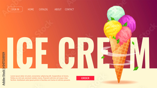 Website design for Ice cream parlor or shop, Sweet products, Dessert. Ice cream cone with various scoops. Vector illustration for poster, banner, website, commercial, menu, flyer. 