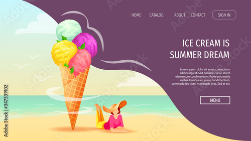Website design for Ice cream parlor, Sweet products, Dessert, Summer. Lying moman and ice cream cone on the beach. Vector illustration for poster, banner, website, commercial, menu. 