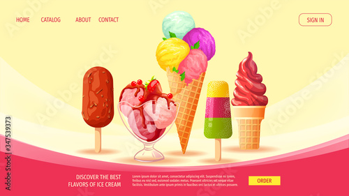 Website design for Ice cream parlor or shop, Sweet products, Dessert. Set of various ice cream. Vector illustration for poster, banner, website, commercial, menu. 
