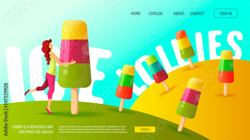 Website design for Ice cream parlor, Sweet products, Dessert, Summer. Woman and fruit ice lollies. Vector illustration for poster, banner, website, commercial, menu, advertising. 