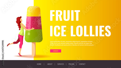 Website design for Ice cream parlor or shop, Sweet products, Dessert, Summer. Woman and fruit ice lolly. Vector illustration for poster, banner, website, commercial, menu, advertising, flyer. 