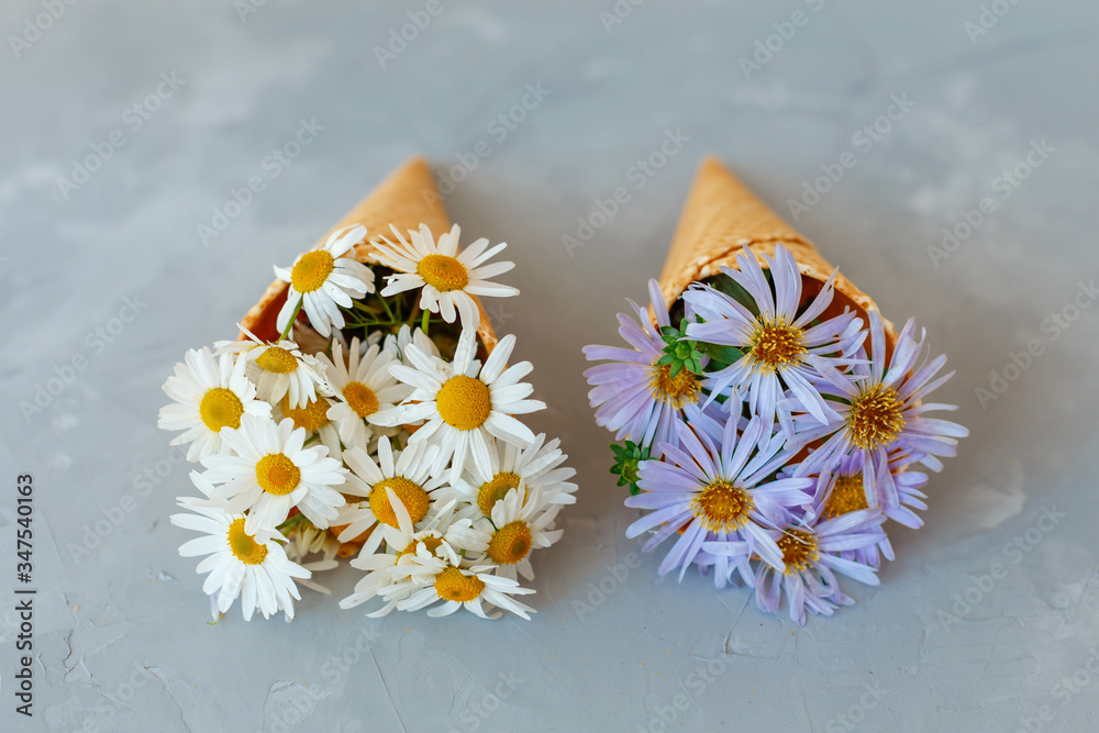 Obraz premium Bouquet of chamomiles in a waffle cone on a gray background. The flowers are blooming. Wildflowers.