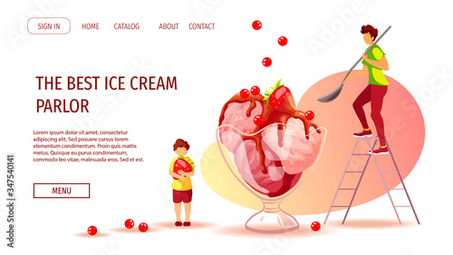 Website design for Ice cream parlor, Sorbet, Sweet products, Dessert, Summer. Tiny people and scoops of berry ice cream in a vase. Vector illustration for poster, banner, website, commercial, menu. 