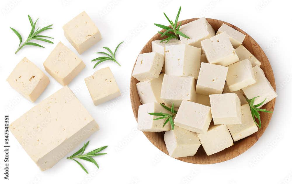 tofu cheese isolated on white background with clipping path and full depth of field, Top view with copy space for your text. Flat lay - obrazy, fototapety, plakaty 