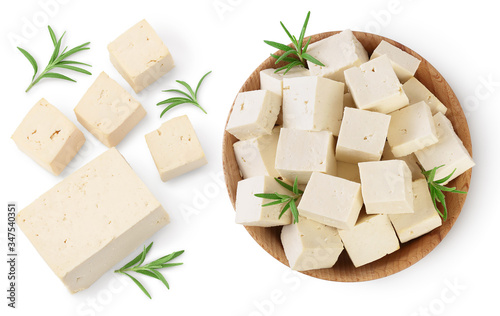 tofu cheese isolated on white background with clipping path and full depth of field, Top view with copy space for your text. Flat lay