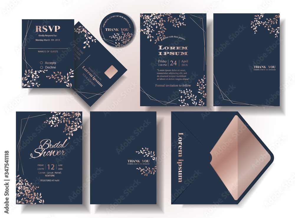 Set of rose gold leaf pattern wedding invitation card Dark blue tone background .rsvp card. Envelope. Suitable for wedding couple. Illustration/vector