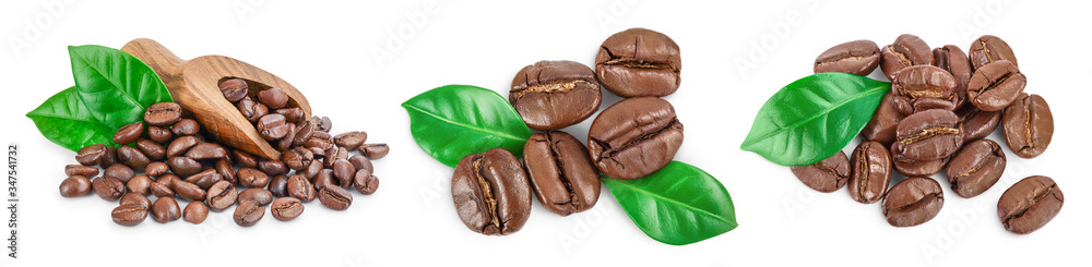 Heap of roasted coffee beans with leaves isolated on white background . Top view. Flat lay. Heap of roasted coffee beans with leaves isolated on white background . Top view. Flat lay.