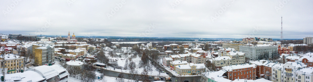 Panorama of the Kirov city and and Razderikhinsky ravine in the central part of the city of Kirov on a winter day from above. Russia from the drone.