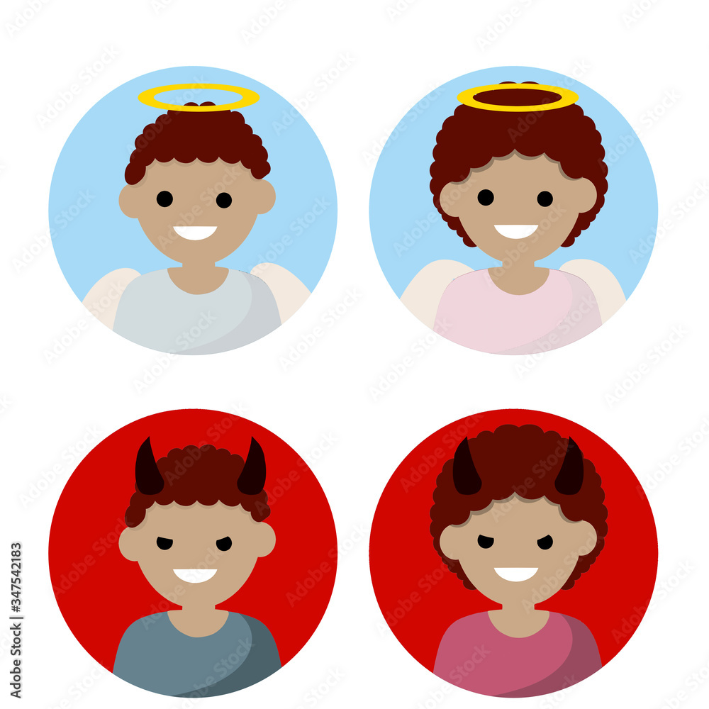 Angel and devil. Avatars for social networks. Good and evil. Nice and bad character. Man and woman with halo, wings and horns. Cartoon flat illustration Angel and devil. Avatars for social networks. Good and evil. Nice and bad character. Man and woman with halo, wings and horns. Cartoon flat illustration