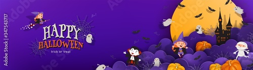 Happy Halloween banner trick or treat with night clouds, witch, vampire, ghost, bats, castle in paper cut style. Party invitation vector horizontal background