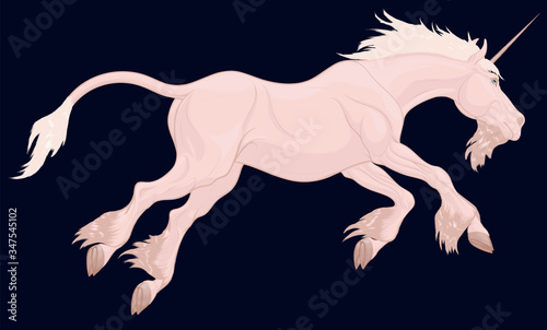 Galloping pink unicorn with long white mane. Heraldic horned horse runs  lowering its head. Fictional creature from legends.