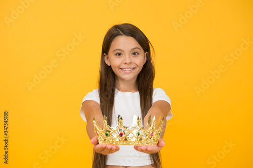 this is for you. big boss is in. share her success. selfish little girl with gold crown. symbol of bright future. small child winner. girl is proud if herself. childhood happiness. dreams come true