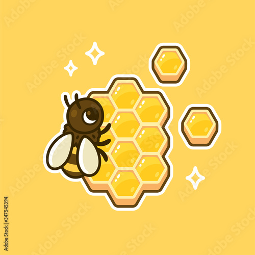 Cartoon honey bee on honeycomb