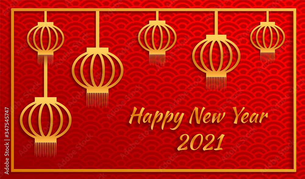 Chinese new year 2021 year of the ox , red and gold paper lanterns in craft style on traditional background.