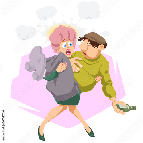 Woman carry drunken man. Funny people.