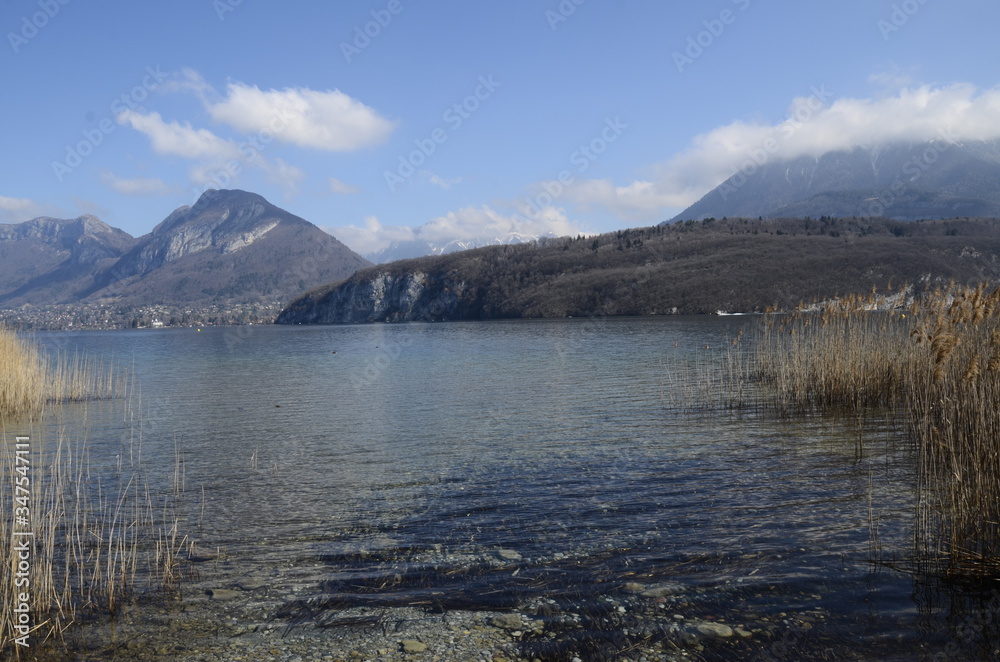 Annecy lake and mountains, landscape in Savoy