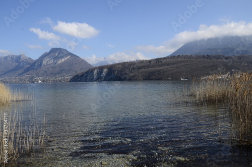 Annecy lake and mountains, landscape in Savoy