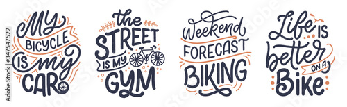 Set woth lettering slogans about bicycle for poster, print and t shirt design. Save nature quotes. Vector illustration