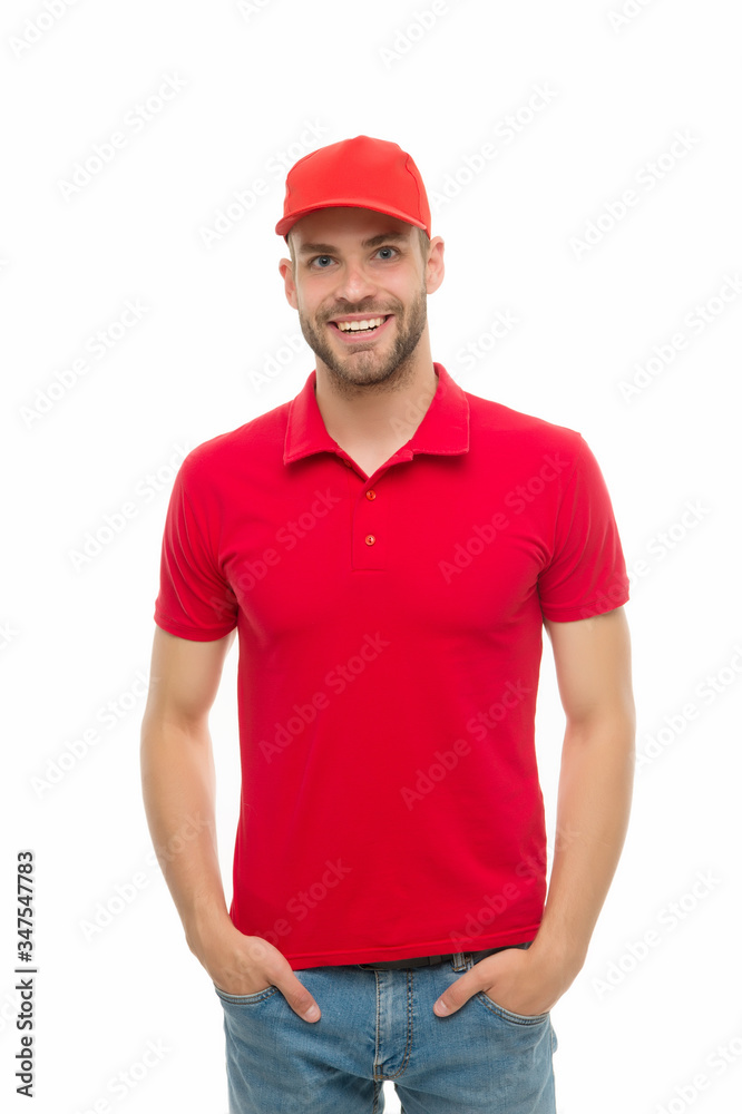 Handsome and stylish. Happy hipster isolated on white. Unshaven man in trendy hipster style. Hipster lifestyle. Cool hipster wear baseball cap. Fashion and style