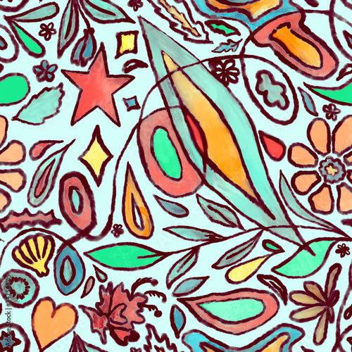 A cute bright hand drawn seamless pattern with flowers, petals and leaves.