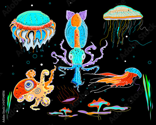 Bioluminescene deep underwater sea animals. Jellyfish, octopus, squid, calamary.