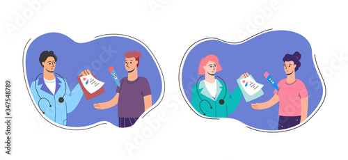 Get your sick leave. The doctor writes a prescription, quarantine. Medical assistance from a doctor at home..Cartoon characters, vector illustration on a white background: men and women.