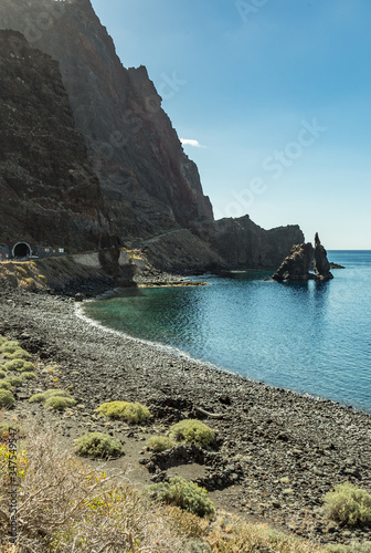 Roque de Bonanza is one of the symbols of El Hierro island and its natives. Huge Rock sticking out of the water on the las Almorranas beach. El Hierro, Canary islands Spain