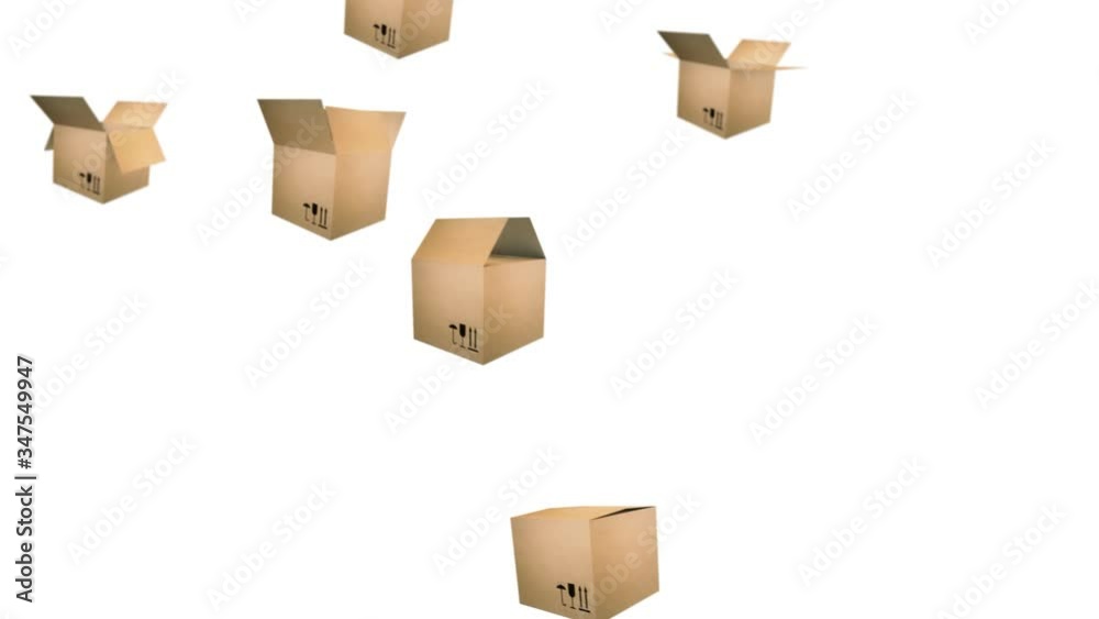 3d animation:  looped background with lots of flying open brown cardboard boxes that close on the go. Business for Express delivery of food and goods.

