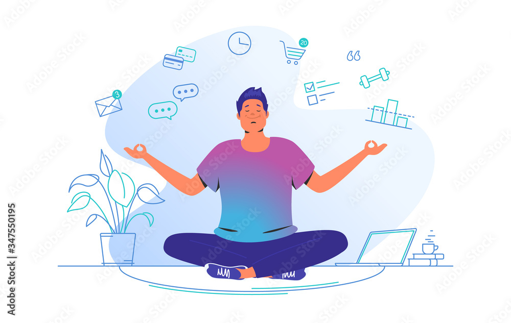 Working and meditating at home. Flat line vector illustration of cute man sitting at home in lotus pose and concentrating before working. Time management concept design isolated on white background