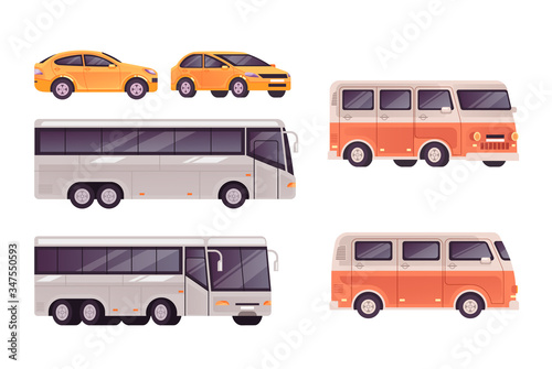 Public transport bus, car, minivan isolated set. Vector flat graphic design cartoon illustration