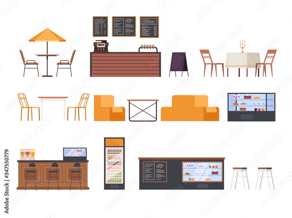 Cafe restaurant furniture isolated set. Vector flat graphic design cartoon illustration