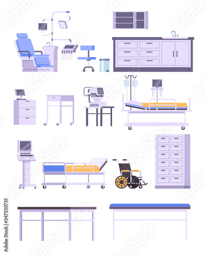 Hospital medicine doctor office furniture isolated set. Vector flat graphic design cartoon illustration