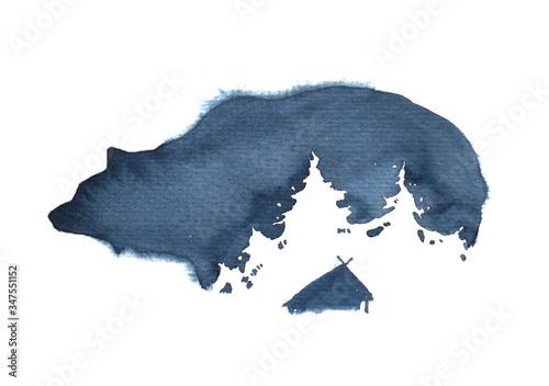 Watercolor silhouette of a bear, fir trees, forest, taiga
