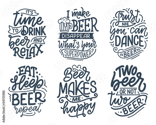 Set with lettering quotes about beer in vintage style. Calligraphic posters for t shirt print. Hand Drawn slogans for pub or bar menu design. Vector