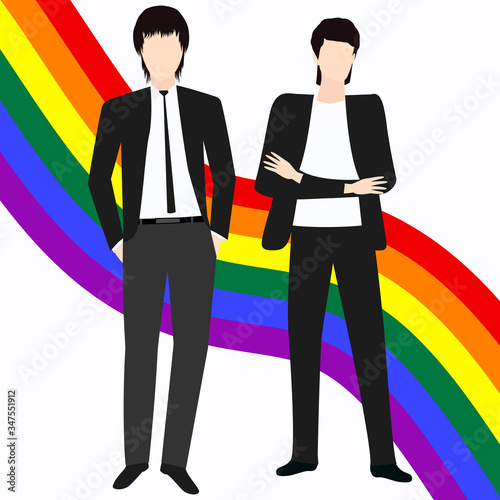 LGBT movement rainbow pride ribbon - two interesting young guys - colorful illustration - vector. Gay Pride. LGBT concept.