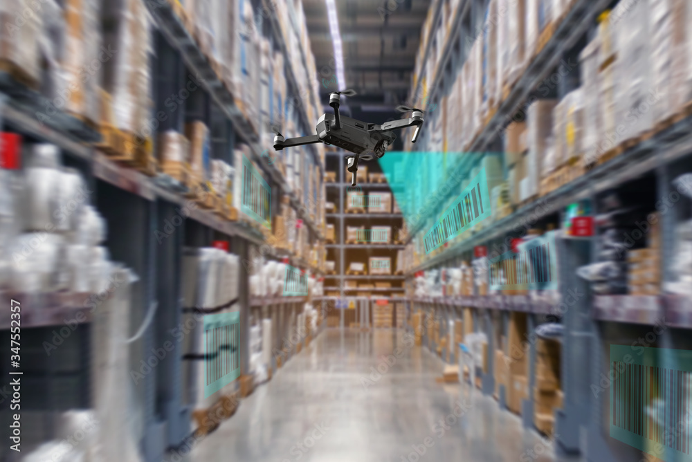 Drone with repeater. Warehouse equipment. Automatic monitoring of warehouse goods. Accounting goods. Inventory warehouse using a drone. Audit in stock. Scanning goods. Dron scans barcode.