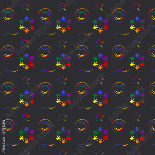 Pattern of rainbow colorful elements and little men - on black background - vector. Gay Pride. LGBT concept.
