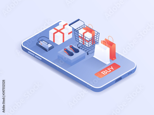 Online shopping order via smartphone and card. 3d isometric vector illustration.