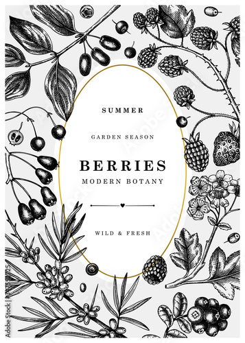 Summer berry vintage design. Hand drawn berries and flowers illustration - strawberry, cranberry, currant, cherry, bilberry, raspberry, blueberry hand drawings with gold foil.