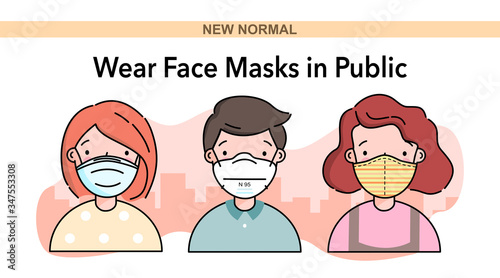 Wear face mask in public, new normal to slow the spreading of coronavirus and self prevention from Covid-19. Man, women character wearing surgical mask and cloth mask. Flat design for poster or flyer