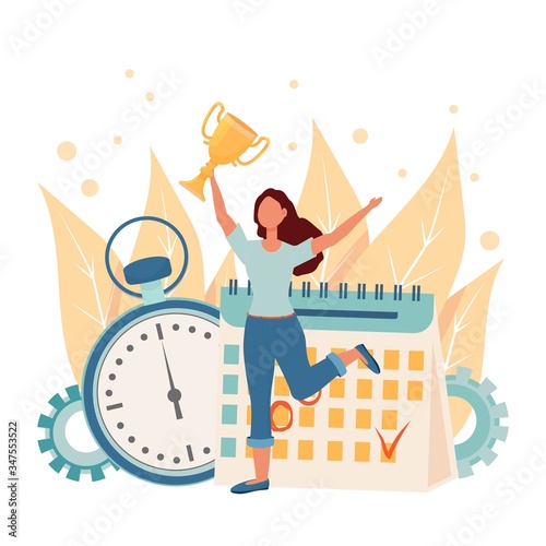 Happy woman jumping, holding golden cup near schedule and stopwatch stock vector illustration. Time management, personal productivity, successful woman concept in glat design isolated composition