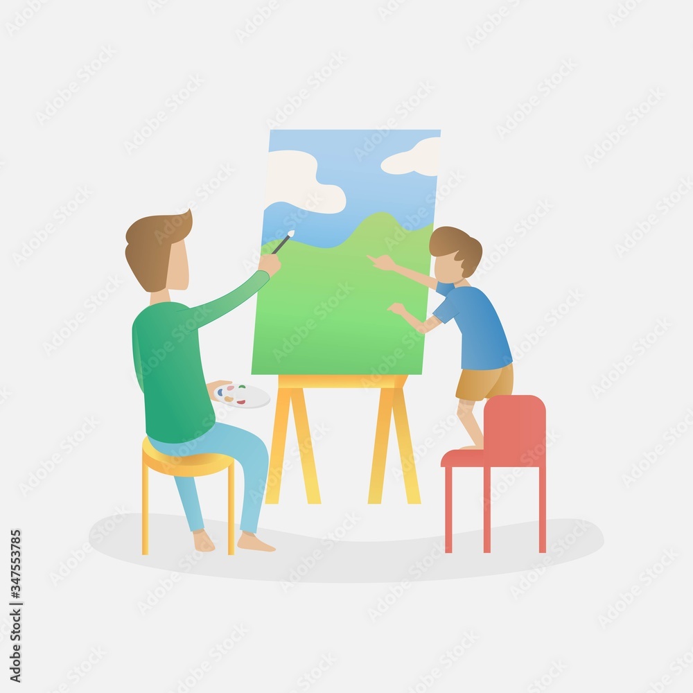 children boy enjoys learning to draw and paint with his parents,Vector illustration. children boy enjoys learning to draw and paint with his parents,Vector illustration.